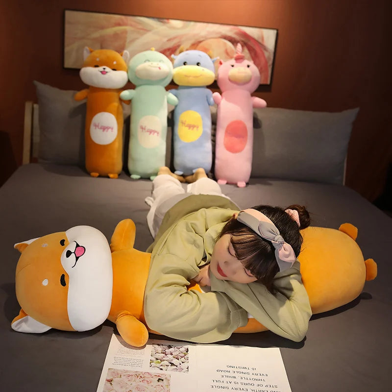 Long Body Pillow Animals Shiba Inu Dog/Unicorn/Dinosaur/Cow Plush Toy